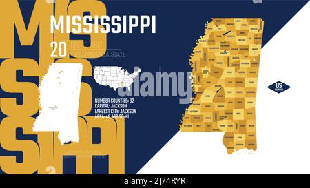 20 of 50 states of the United States, divided into counties with territory nicknames, Detailed vector Mississippi Map with name and date admitted to t Stock Vector