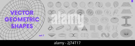 Set of wireframe 3D geometric shapes. Wire frame abstract figures.  Distorted mesh grids. Chain, cone, Infinity Symbol, arc, star, sphere,  knot. Isolat Stock Vector Image & Art - Alamy
