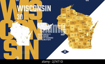 30 of 50 states of the United States, divided into counties with territory nicknames, Detailed vector Wisconsin Map with name and date admitted to the Stock Vector
