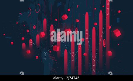 Financial analytics and business infographics, investment and trade analysis and charts, world crisis columns, futuristic technology vector background Stock Vector
