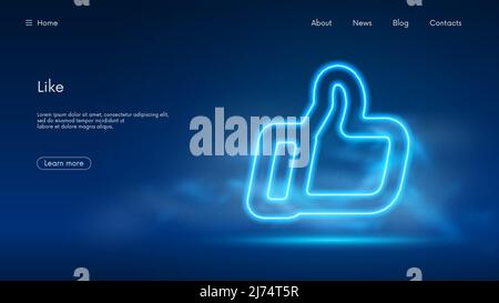 Thumb up icon, hand big finger, like or ok symbol for social networks, futuristic technology with blue neon glow in the smoke, vector business backgro Stock Vector