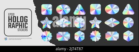 Iridescent color holographic stickers, set of quality hologram rainbow shiny emblems of various different shapes, Vector illustration mockup design la Stock Vector