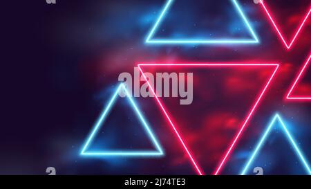 Glowing geometric shapes, triangular red and blue neon rays in smoke, cyber background with copy space, cyberpunk futuristic vector illustration Stock Vector