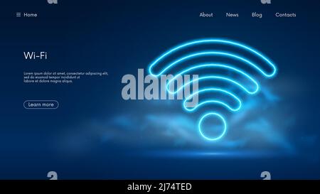 Wi Fi symbol, wireless networking digital hi tech innovation concept, free internet zone and hotspot, futuristic technology with blue neon glow in the Stock Vector