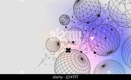Structure of circles and spheres retrofuturistic abstract gradient background, Vector posters with strange wireframes of geometric shapes modern desig Stock Vector
