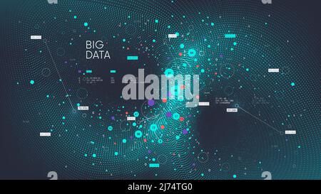 Visualization of digital clouds, particular wave dynamic mesh big data technology, futuristic analysis and processing of global information, vector ba Stock Vector