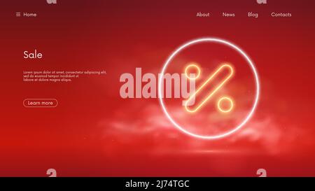 Luminous percent symbol, discounts and sales concept, big sale special offer banner, futuristic technology with red neon glow in the smoke, vector bus Stock Vector