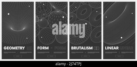 Collection vector posters with strange wireframes of geometric shapes modern design inspired by brutalism, mesh texture tunnel or wormhole, 3d spheres Stock Vector
