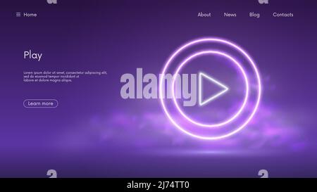 Glowing play button sign, start video mark in circle, live streaming media, futuristic technology with violet neon glow in the smoke, vector business Stock Vector