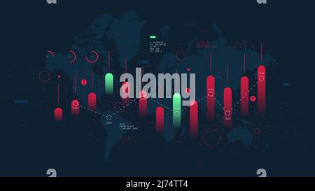 Digital visualization graph of financial market analytics on the background of the world map, report from business analysis, the fall and the crisis o Stock Vector