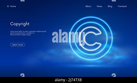 Copyright symbol, protection of intellectual property and rights, futuristic technology with blue neon glow in the smoke, vector business background Stock Vector