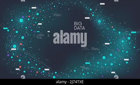 Digital information flow visualization, futuristic neural network streaming of big data structuring and analysis, virtual database processing science, Stock Vector
