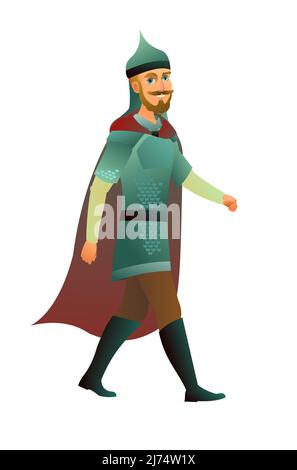 Medieval knight goes smiling. In iron mail and helmet. In red cape. Boy guy with beard. Fighting man. Isolated on white background. Cartoon flat style Stock Vector