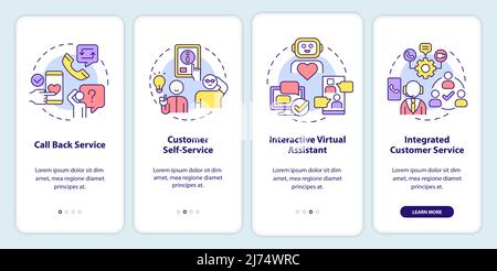 Types of customer service onboarding mobile app screen Stock Vector
