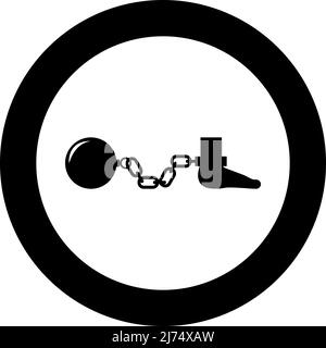 Ball and chain attached foot Silhouette pulling weights Leg with cargo Punishment icon in circle round black color vector illustration image solid Stock Vector