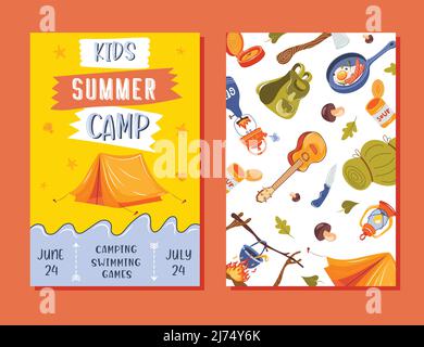 Flyer for the Kids Summer camp, concept with handdrawn lettering,Camping and Travelling on holiday with a lot of camping equipment such as tent Stock Vector