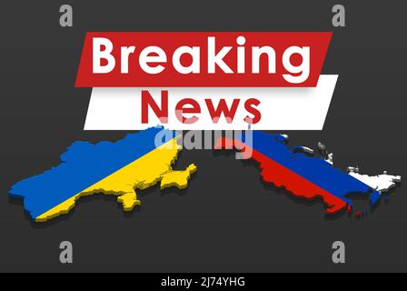 Breaking news of tension between Ukraine and Russia, concept of Russia and Ukraine war breaking news, flag design in form of country map Stock Photo