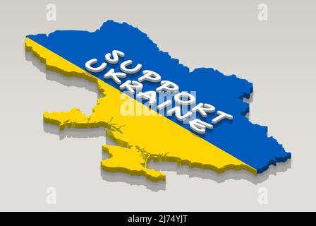 Support Ukraine message on flag map, concept of support Ukraine news, flag design in form of country map, relief map idea Stock Photo