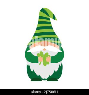 A small plump dwarf in a green striped hat holds a leaf of clover in his hands. A little bearded gnome, a cute cartoon character in a flat style. Colo Stock Vector