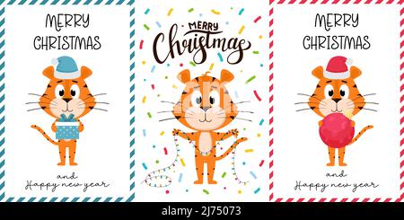 A set of New Year's Christmas cards with a cute cartoon tiger. Vertical cards with the character Tiger - the symbol of the Chinese new year. Vector il Stock Vector