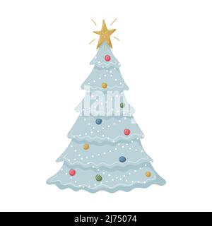 A decorated Christmas tree with a garland, a star and toys. Pastel blue color. Hand-drawn flat Christmas attribute, design element isolated on a white Stock Vector