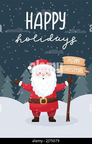 Christmas greeting card. Santa is holding a wooden sign with words Merry Christmas. Night winter forest, snowy landscape. Hand lettering - Happy holid Stock Vector