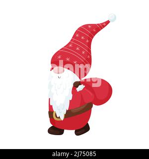 A Christmas gnome with a beard in a red cap and mittens carries a bag with gifts. New Year's cute cartoon character isolated on a white background. Co Stock Vector