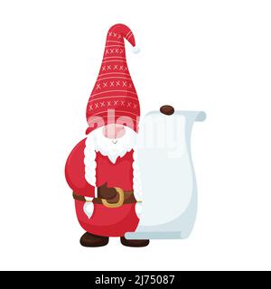 A Christmas gnome with pigtails and a beard in a red cap holds an open scroll, a parchment with an empty space for the text. New Year's cute cartoon c Stock Vector