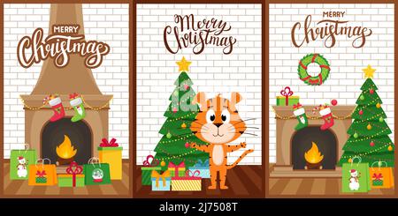 A set of Christmas postcards with a cute cartoon tiger on the background of a fireplace, a Christmas tree and gifts. Vertical cards with symbol of Chi Stock Vector