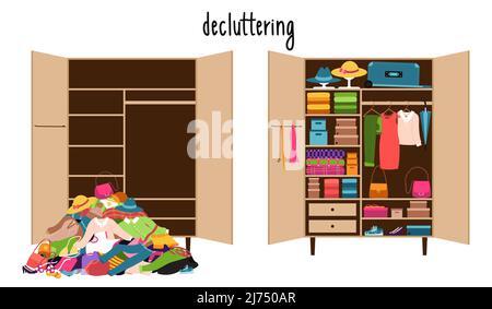 An empty closet and a pile of clothes and a closet with clothes neatly laid out on the shelves. Mess and order in wardrobe. Before and after cleaning, Stock Vector
