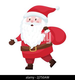 Cute cartoon Christmas Santa in a red suit and hat carries a bag of gifts on his shoulder. Santa Claus is smiling. Adorable character in a flat style. Stock Vector