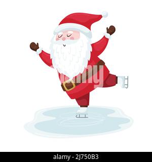 Cute cartoon Christmas Santa in a red suit is skating on the ice rink. A smiling character in a flat style. Isolated on a white background. Color vect Stock Vector