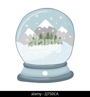 A snow globe with mountains, snowdrifts, forests and snowflakes. Hand-drawn flat Christmas attribute, design element isolated on a white background. H Stock Vector