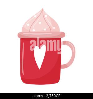 A red mug with a heart. A hand-drawn flat cup with a hot drink and whipped cream. The design element is isolated on a white background. Color vector i Stock Vector