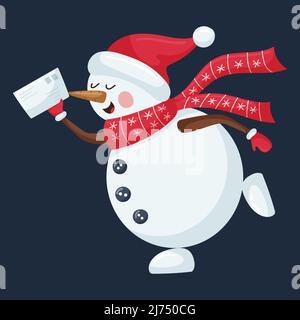 A cute snowman in a hat and a patterned scarf runs with a letter for Santa in his hands. A Christmas cartoon character in a flat style is isolated on Stock Vector