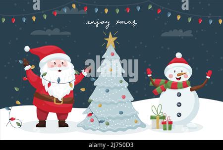 Christmas card with cute Santa with a garland and a snowman with gifts decorating the Christmas tree. Enjoy Xmas. Color vector illustration with flat Stock Vector