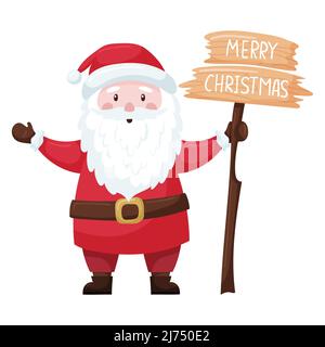 A cute cartoon Christmas Santa in a red suit and hat holds a wooden sign with the words Merry Christmas. Santa Claus is smiling. Adorable character in Stock Vector
