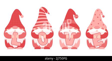 A set of little paunchy dwarfs in pink and red clothes and caps who hold the letters LOVE in their hands. Little bearded gnomes, cute cartoon characte Stock Vector