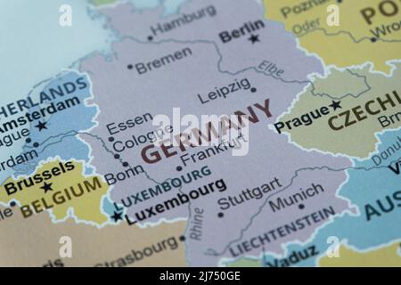Germany location on map, travel idea, Berlin and Germany on map with, vacation and road trip concept Stock Photo