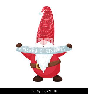 A Christmas gnome with a beard in a red hat holds a ribbon with the words Merry Christmas in his hands. New Year's cute cartoon character isolated on Stock Vector