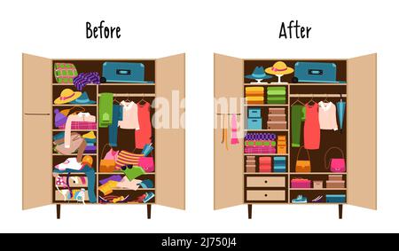 A wardrobe with clothes neatly laid out on the shelves and a wardrobe randomly littered with clothes. Mess and order in the wardrobe. before and after Stock Vector
