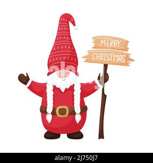 A Christmas gnome with pigtails and a beard in a red cap and mittens holds a wooden sign with the words Merry Christmas. New Year's cute cartoon chara Stock Vector