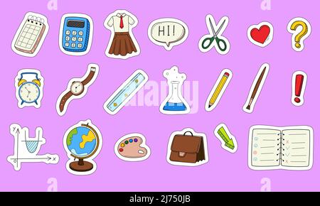 School stickers with a white outline. Printable scrapbooking sticker set. Collection of school stationery items in doodle style. Hand colored elements Stock Vector