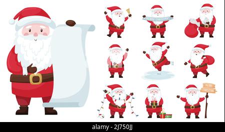 A set of cute cartoon Christmas Santa in a red suit and hat. Carries gifts, skates, holds a bell, a garland, receives letters. Adorable smiling charac Stock Vector
