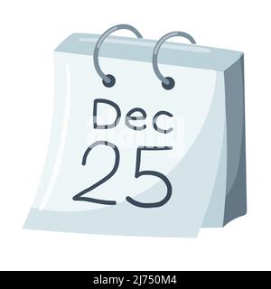 A tear-off calendar with a date of December 25. Christmas Eve. The design element is hand drawn in a flat cartoon style is isolated on a white backgro Stock Vector