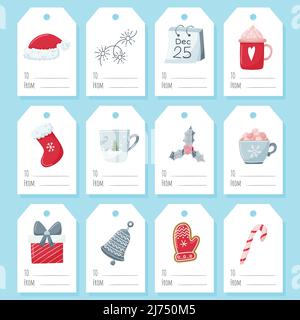 A set of gift tags, labels with Christmas attributes and elements on a white background. Printable template with flat cartoon illustrations and the wo Stock Vector