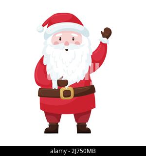 Cute cartoon Christmas Santa in a red suit and hat stands and waves his hand. A smiling character in a flat style. Isolated on a white background. Col Stock Vector