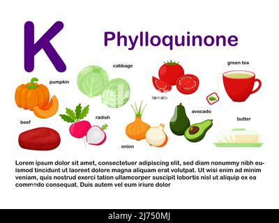 Rectangular poster with food products containing vitamin K. Phylloquinone. Medicine, diet, healthy eating, infographics. Products with the name.Flat c Stock Vector