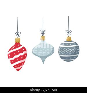 A set of Christmas tree toys with different patterns and ornaments and a string. Hand-drawn flat Christmas attributes, design elements isolated on a w Stock Vector