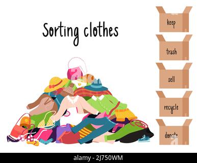 Sorting clothes. A pile of clothes lying randomly on the floor. Boxes with inscriptions - donate, sell, keep, trash, recycle. Color vector illustratio Stock Vector